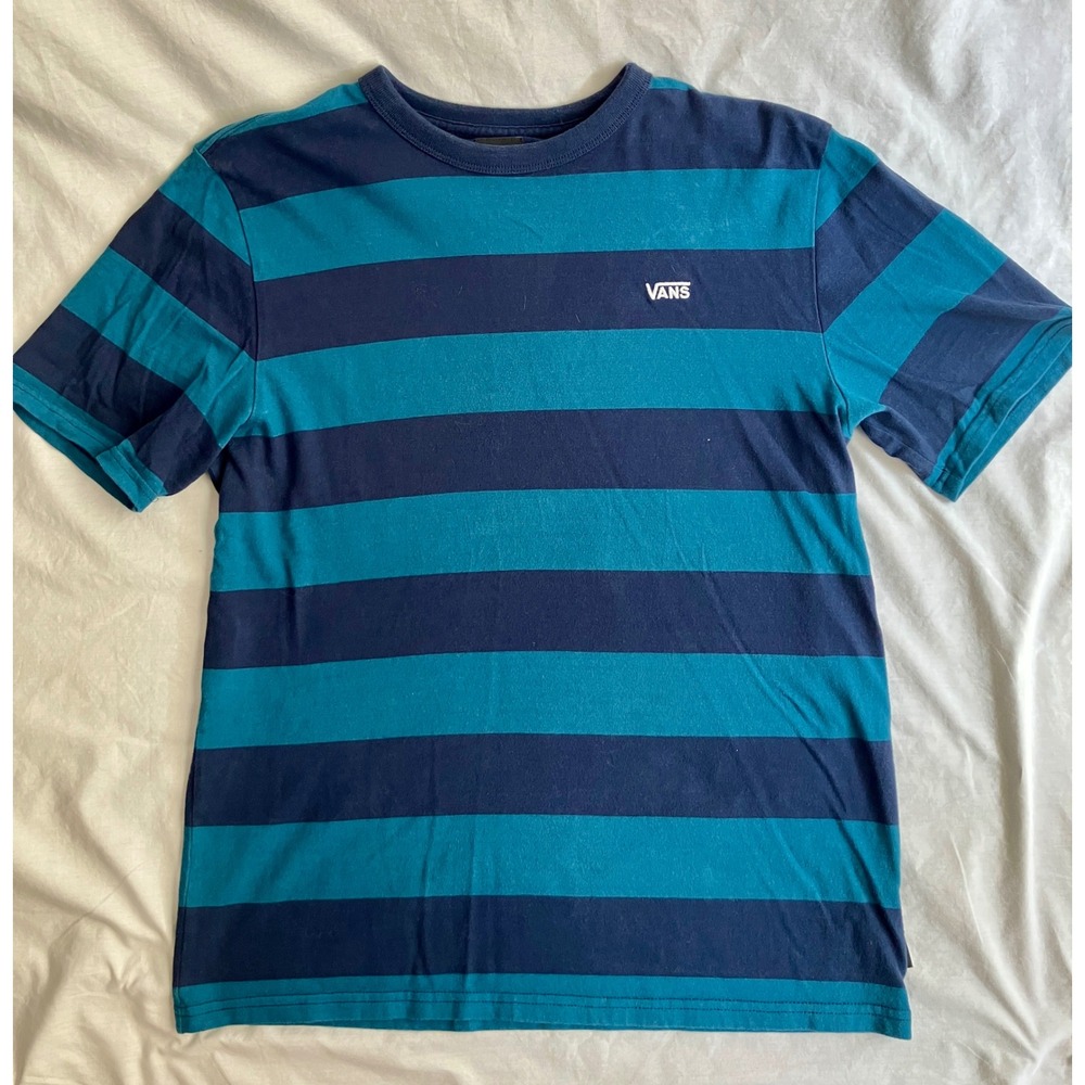 Vans Striped T-Shirt - Youth Kids Tee - Blue Green Shirt - X-Large
